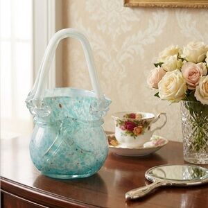 Vintage Block Crystal Art Glass Handbag Mouth Blown Turquoise Blue And Orange